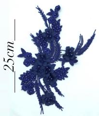 ÇİÇEKLİ BONCUK DETAYLI APLİK LACİVERT