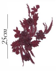 ÇİÇEKLİ BONCUK DETAYLI APLİK BORDO