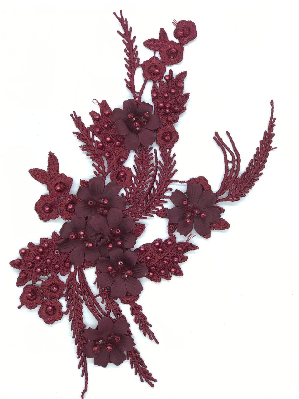 ÇİÇEKLİ BONCUK DETAYLI APLİK BORDO